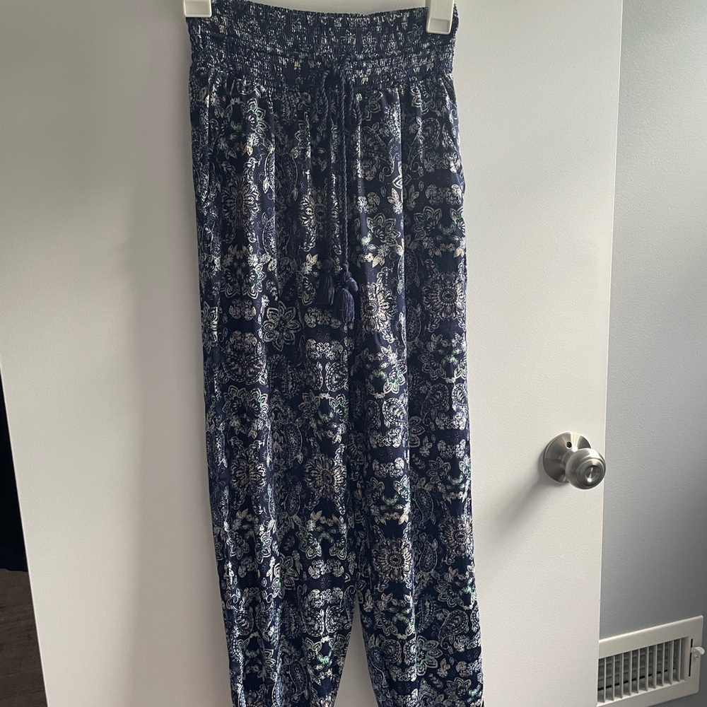 Aerie Blue and White Track Pants with Elegant Print